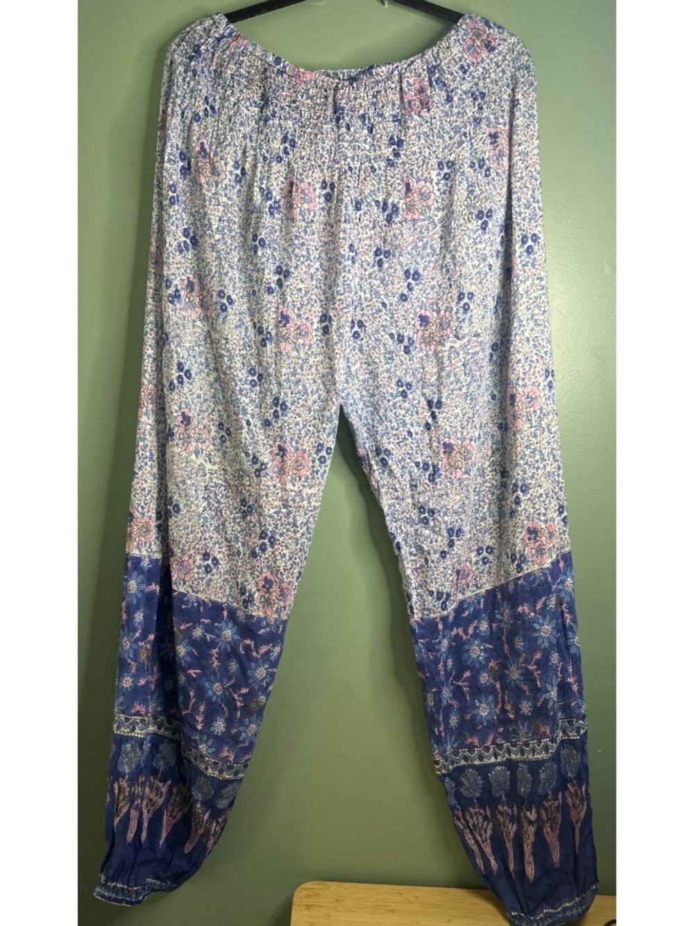 Bell Womens XL Cotton Silk Harem Pants Blue Floral Boho Coastal Resort travel